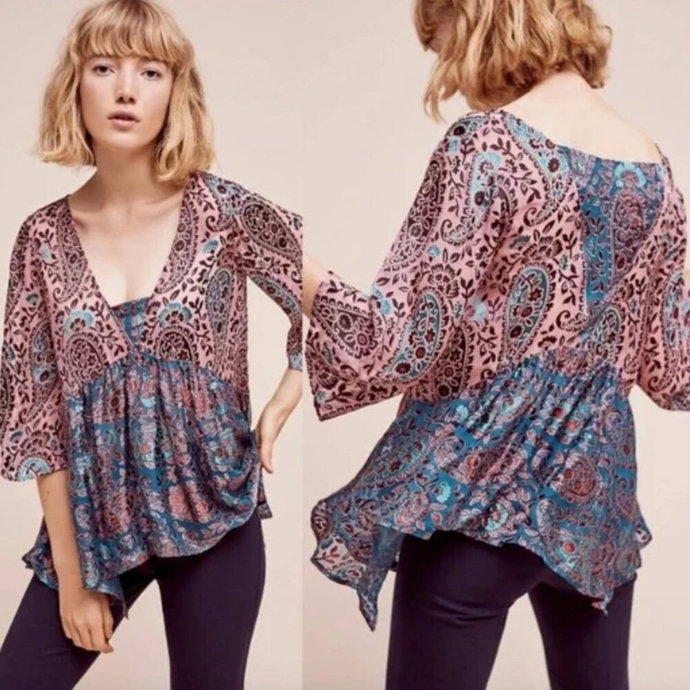 Floreat Anthropologie Blouse Blue Pink Boho Silk blend Velvet Flowy